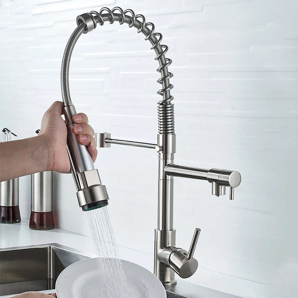 KITCHEN SINK FAUCET DQOK Brushed Spring Pull Down  Hot & Cold Water Mixer Crane
