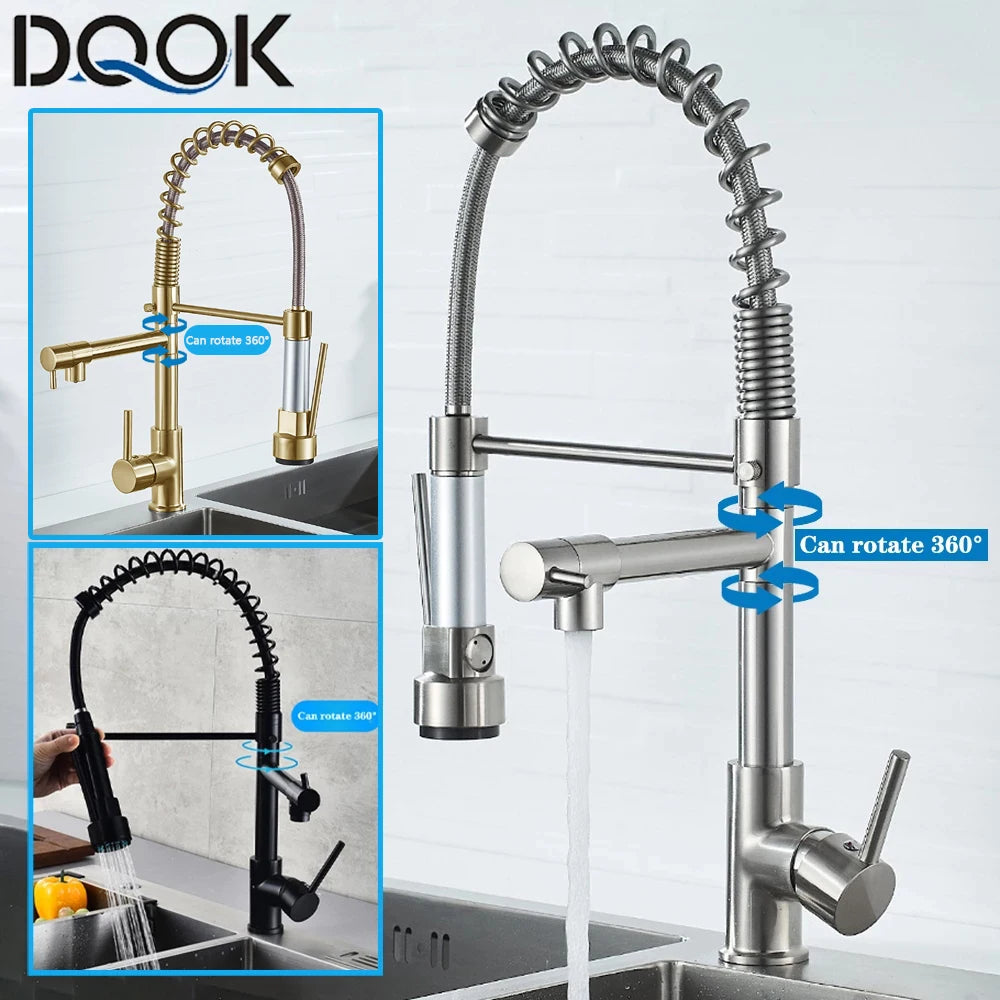 KITCHEN SINK FAUCET DQOK Brushed Spring Pull Down  Hot & Cold Water Mixer Crane