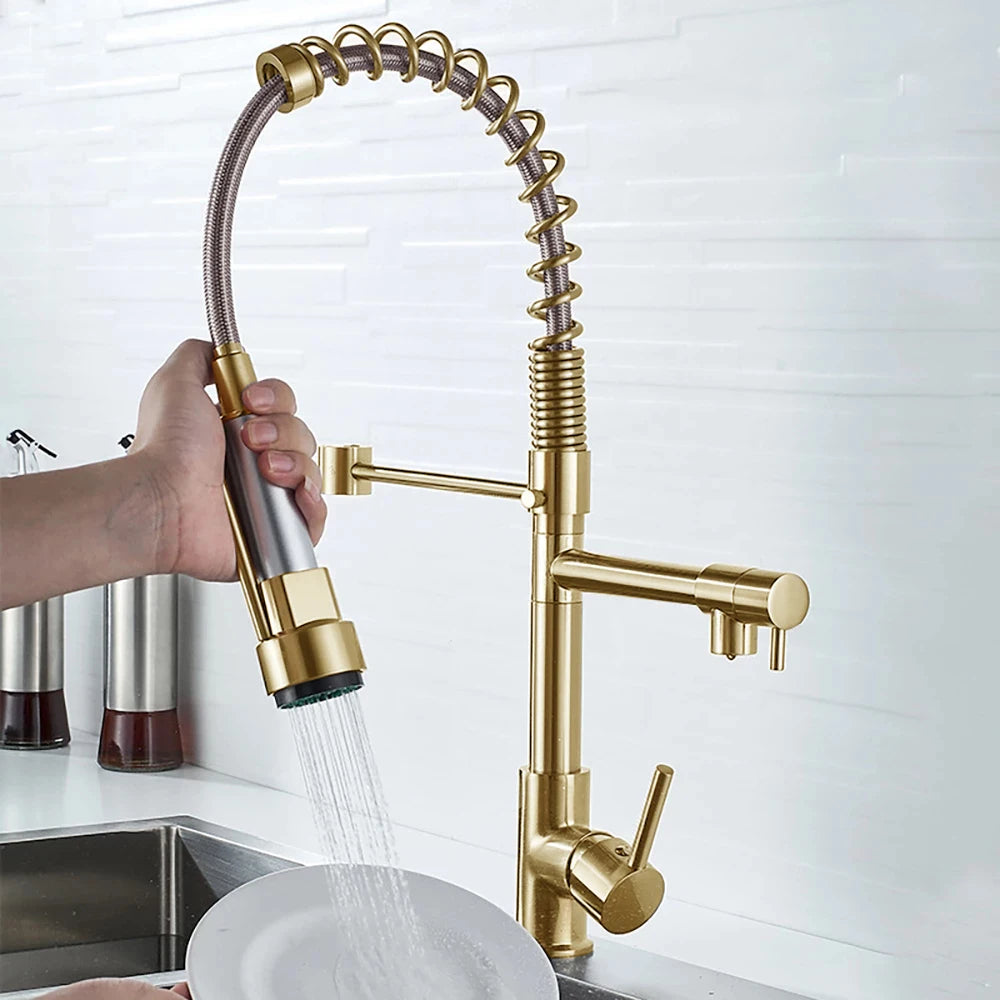 KITCHEN SINK FAUCET DQOK Brushed Spring Pull Down  Hot & Cold Water Mixer Crane