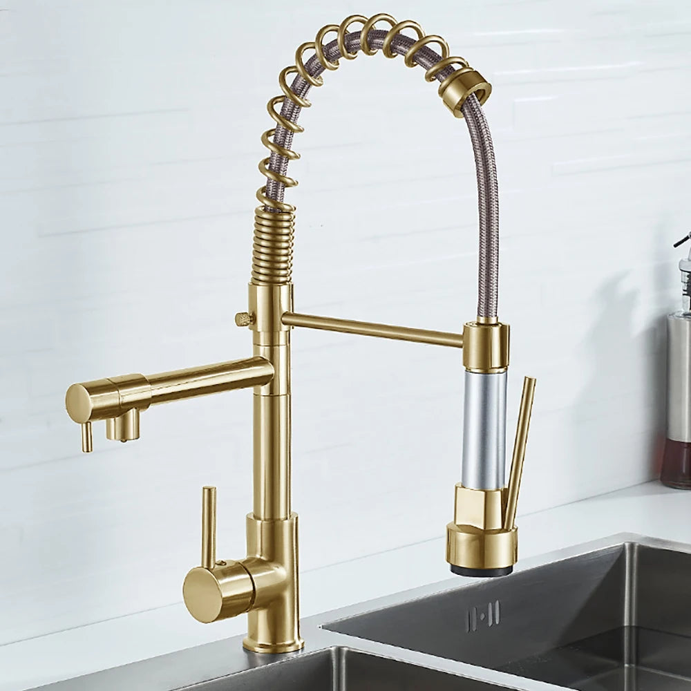 KITCHEN SINK FAUCET DQOK Brushed Spring Pull Down  Hot & Cold Water Mixer Crane